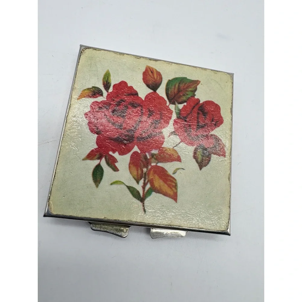 Vintage Square Silver Tone Makeup Compact Red Rose Floral Double Mirror